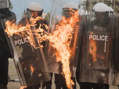 Public Order Unit Training - fire being thrown at shields 