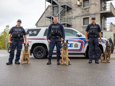3 K9 officer and dogs posing in front of cruiser