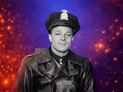 Officer Lewis Coray, blue and red background